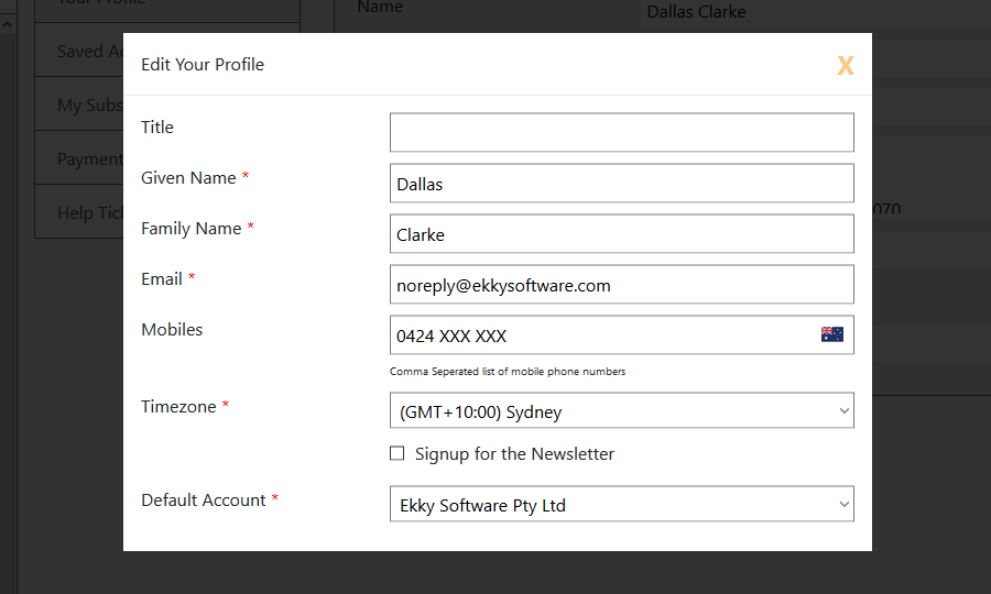 Edit user profile popup