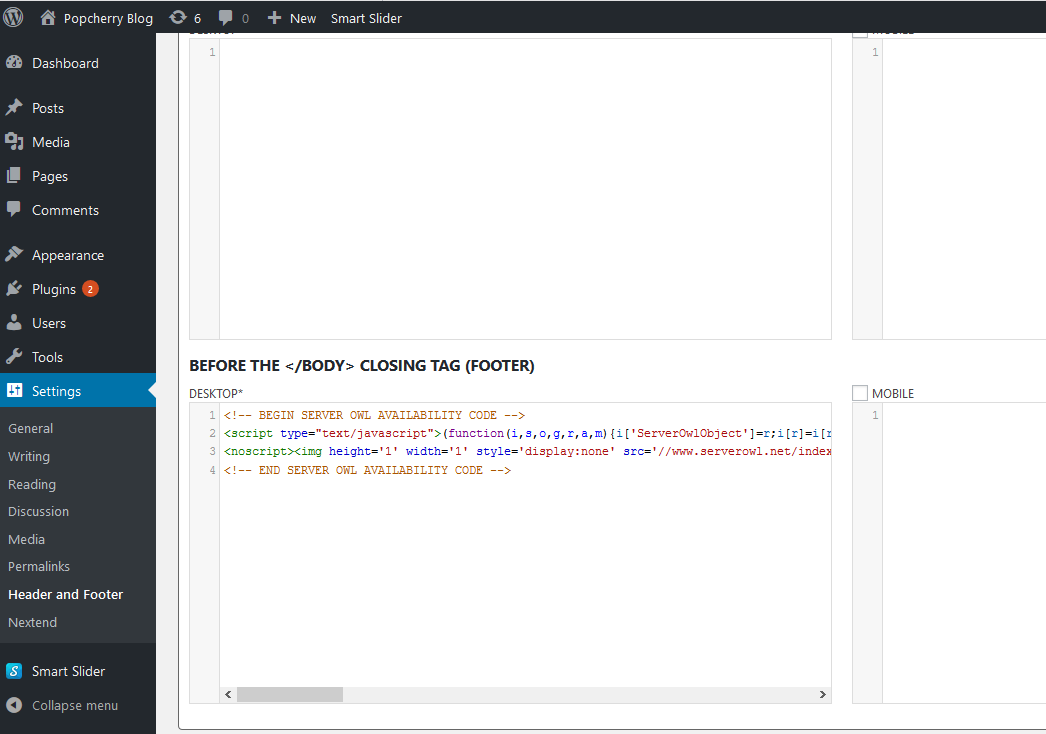 WordPress Admin with ServerOwl pixel installed